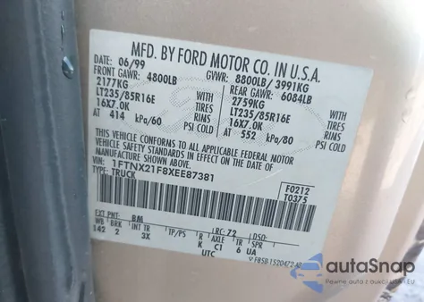 1999 Ford F-250 Lariat/Xl/Xlt z USA, uszkodzony, nr VIN 1FTNX21F8XEE87381